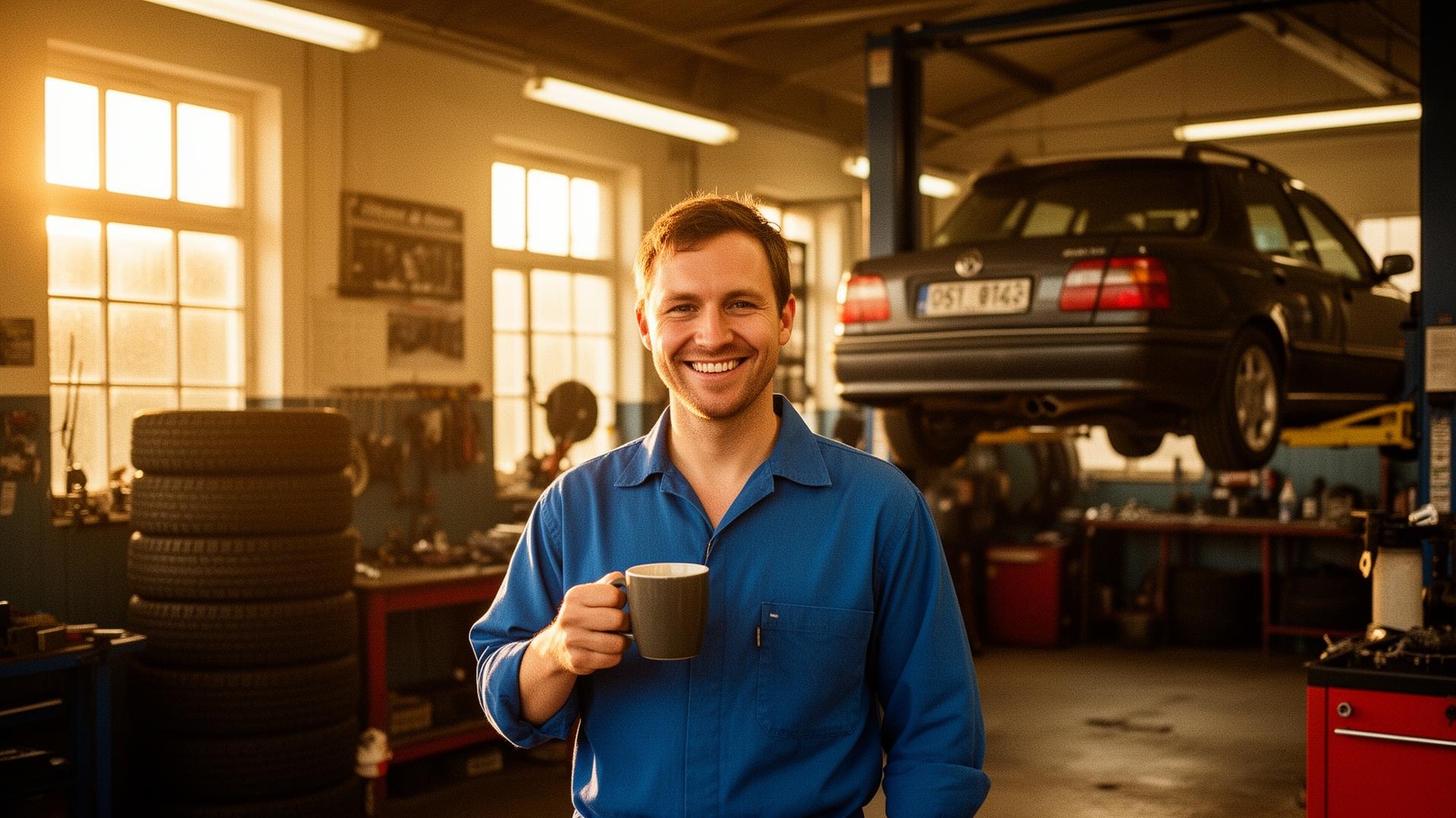 Hassan på Sengeløse Autoværksted med en kop kaffe i hånden